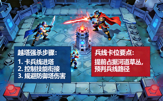 王者荣耀对抗路越塔强杀兵线卡位教学演示图